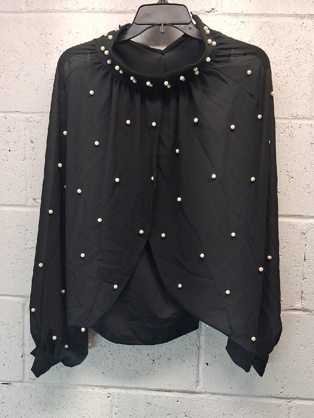 NWT Womens Xpluswear Black Pearl-Embellished Sheer Blouse